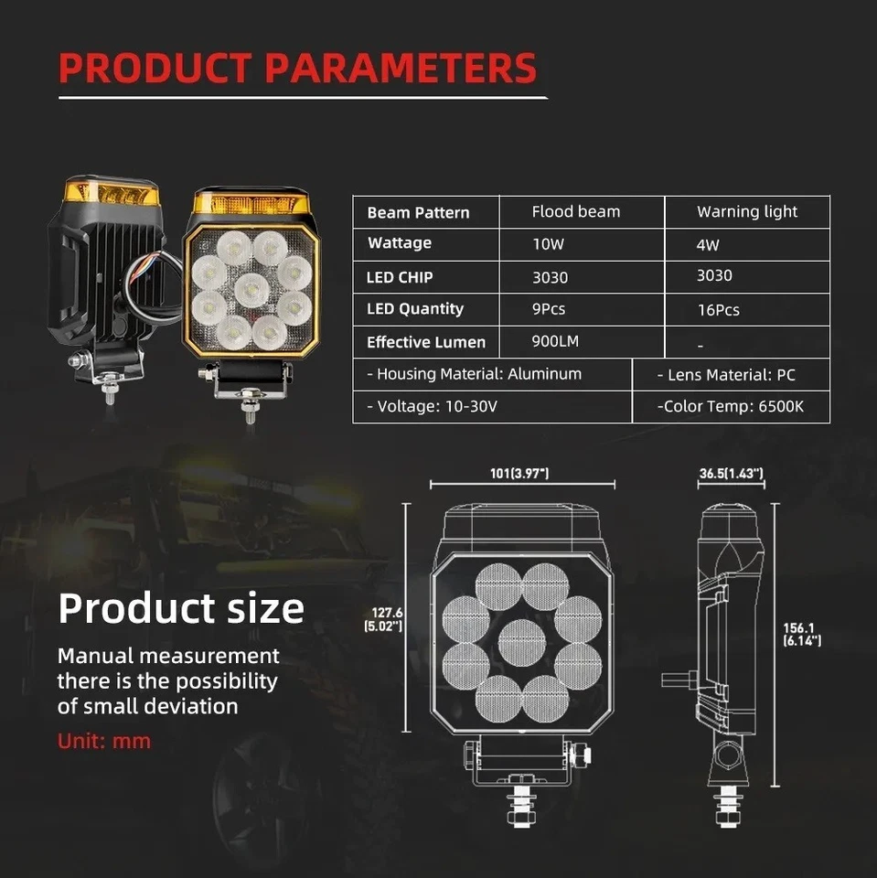 2x Fari Lavoro Led 12V 24V 10W Luce Bianca e Lampeggiante Arancione Fuoristrada - Immagine 2 di 4