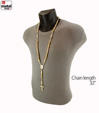 Men's NEW Hip Hop 14k Gold Plated 8mm GOLD Bead Pray Hand & Jesus Cross Rosary G