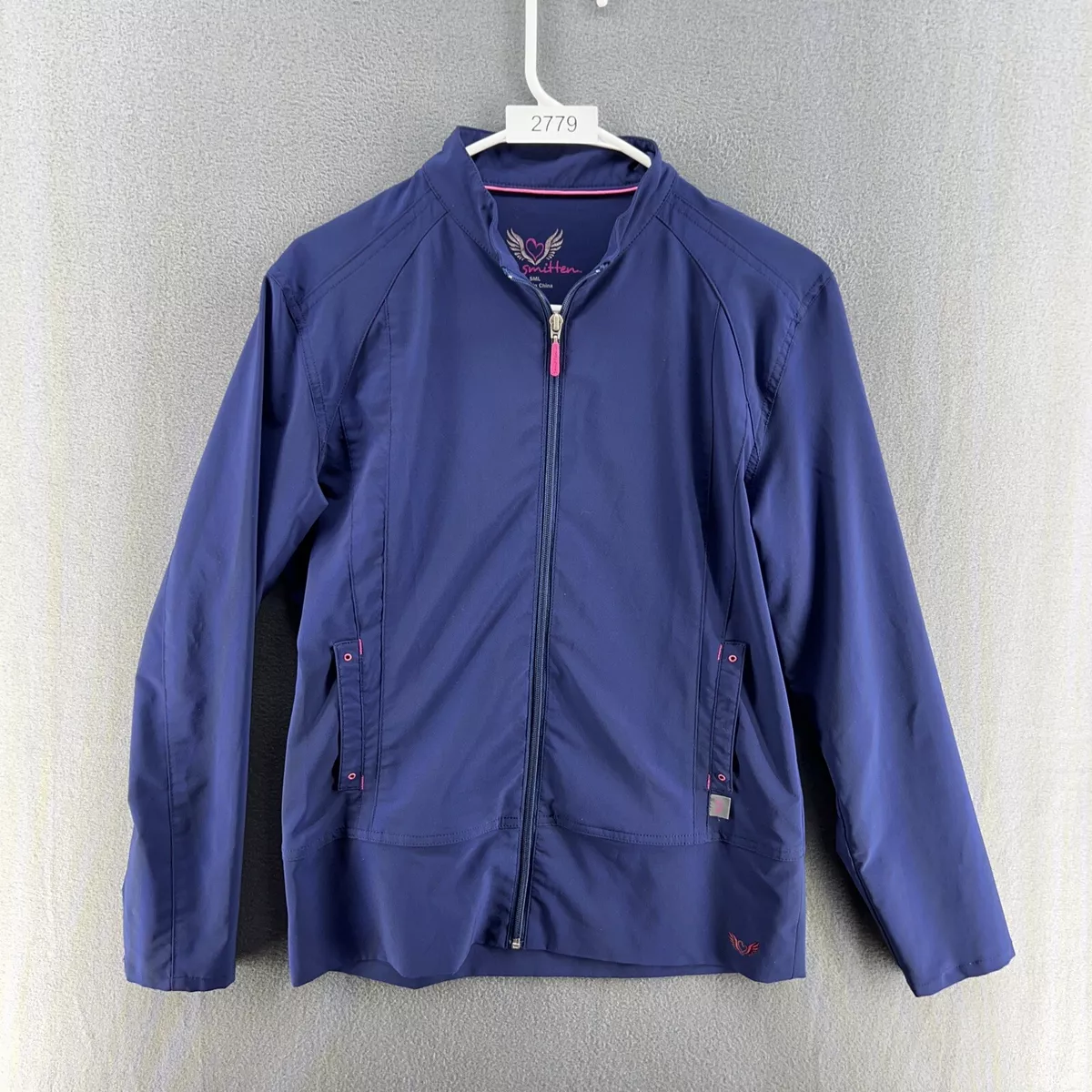 Smitten Zip Front Nurse Scrub Jacket Crew Neck Uniform Blue Size S