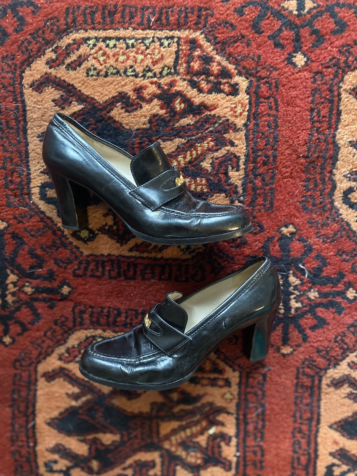 Vintage Chanel Heeled Penny Loafer Pumps Calf Skin Bl… Gem