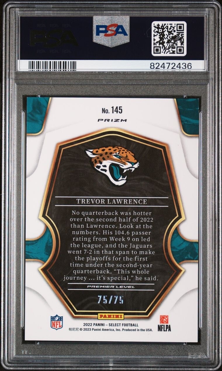 2022 Select Trevor Lawrence Purple Prizm 75/75 Bookend #145 Low Pop PSA 9💎🔥 view 2