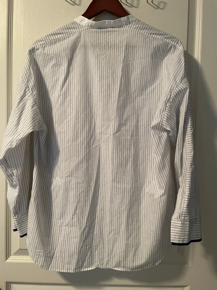 Massimo Dutti Women Shirt Blue White Striped V Neck Stand Collar Blouse Sz M — 第 2/4 张图片