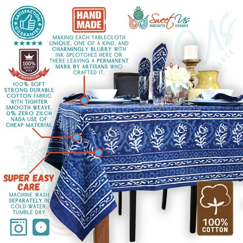 Mantel Estampado en Bloque Redondo 72 en Floral Dabu Algodón Azul Índigo Mantel - Imagen 4 de 22