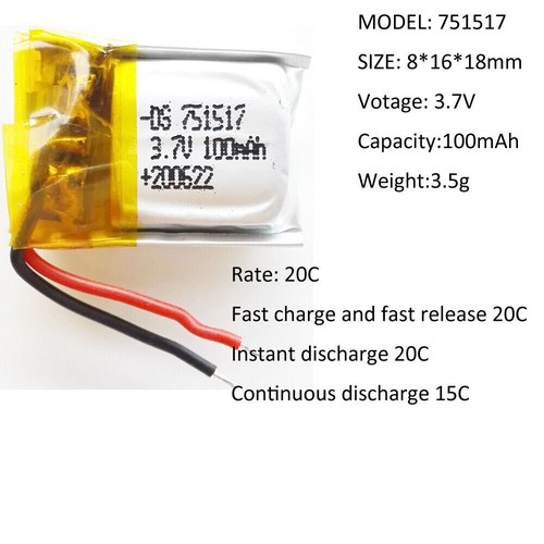 10×3.7V 20C 100mAh 751517 Rechargeable Battery for CX-10 CX12 JJ810 JJ820 V646 - Picture 7 of 7
