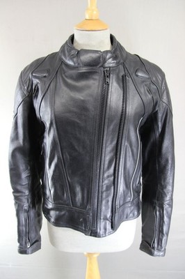 PROTO DAMEN SCHWARZ LEDER BIKER JACKE MIT SCHULTER & ELLENBOGENPROTEKTOREN GRÖSSE 14
