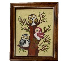 Vtg Framed Owl Needlepoint Crewel  Wall Decor 9.5”x 11.5” Cottage Core 70s Caron