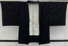 Japanese Vintage Kimono Haori Jacket Polyester Black Traditional Embroidery 31in
