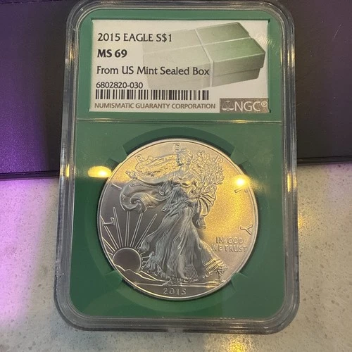 2015 ASE American Silver Eagle $1 NGC MS69 - Green Core From US Mint Sealed Box