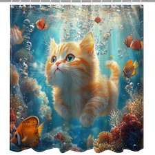 Funny Cat Shower Curtain, 72x72 Inch, Blue Ocean, 12 Hooks, Waterproof, Fabric