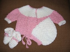 New Handmde Crocheted Baby Sweater, Bonnet and Booties