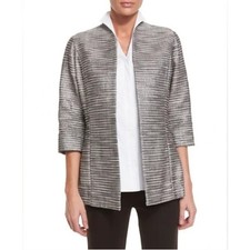 Misook Silver Linings Metallic Jacket Stripe Woven Cotton Swing Open Front L
