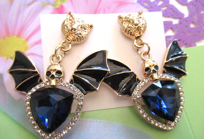 Skull Bat Wings Emblem Rhinestone Blue Green  Halloween Gothic Earrings-U Choose