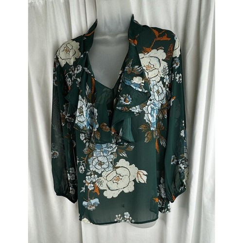 eva mendes Floral Blouse, Front Ruffle, Green Multi, Sz: S, 55-27 - Picture 3 of 16