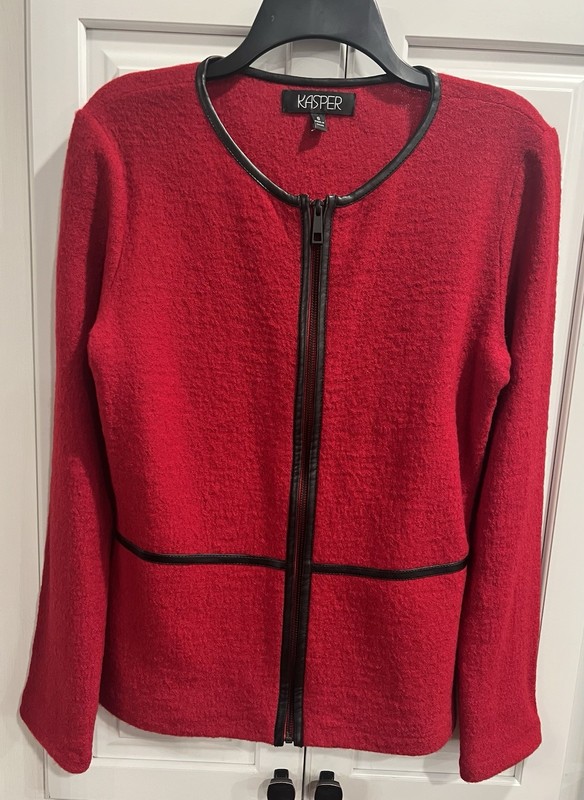 Kasper Red Casual Jacket Coat Black Faux Leather Piping Trim Full Zip Sz S