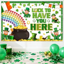 St Patricks Day Backdrop Banner Rainbow Gold Coins Green Shamrock Lucky Clov
