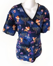 Disney Womens Medical Scrub Too Bambi Deer Lost in the Woods Size Lrg Blue