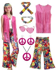 8Piece Girls Cowgirl Costume Set Fringe Vest Western Hippie Kids 60s 70s Party