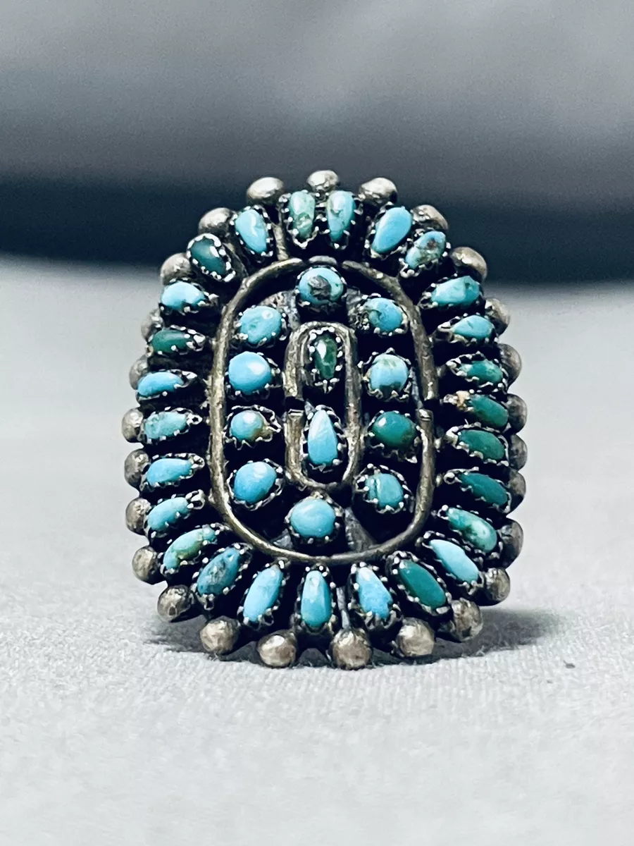 Unrivaled Vintage Native American Zuni Blue Green Turquoise Cluster Sterling Silver Ring Unrivaled Vintage Native American Zuni Blue Green Turquoise Cluster Sterling Silver Ring