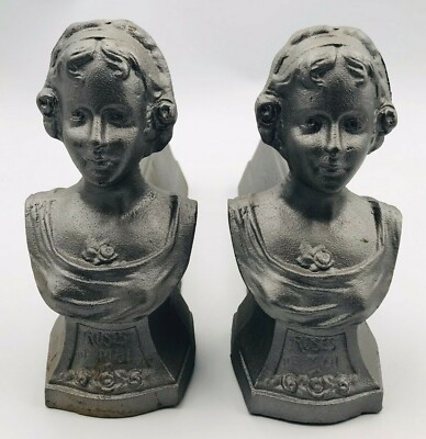 Pair Vintage Cast Iron Roses De Mai Young Girl Fireplace Andiron Chenet Catalan