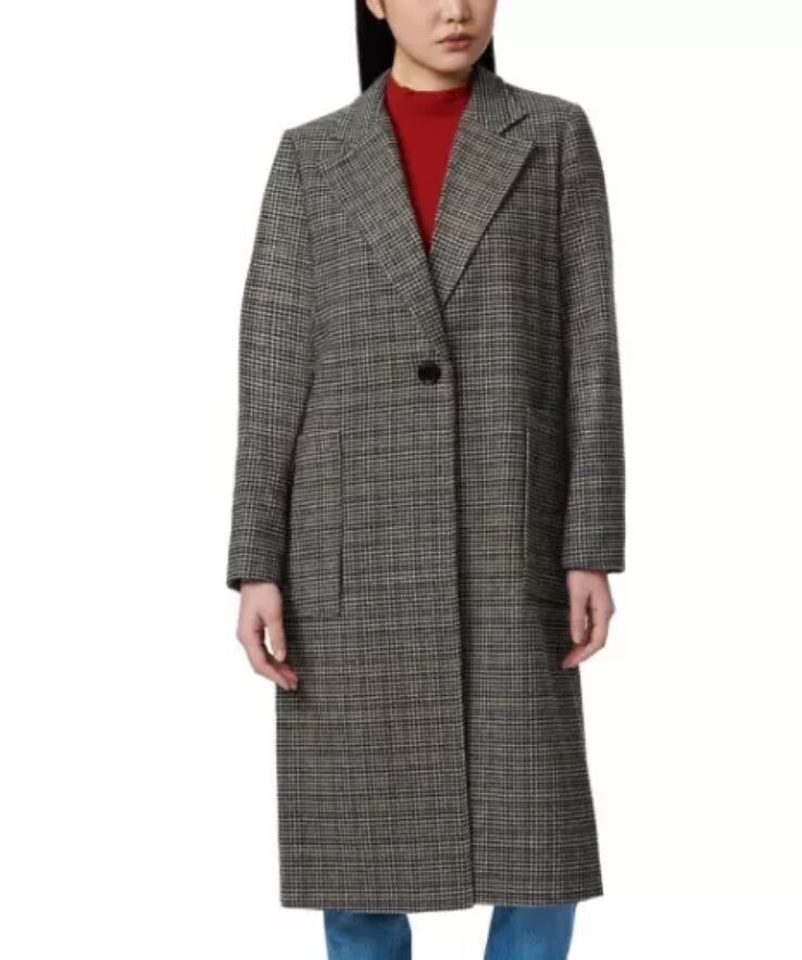 Bernardo Long Coat Women's, Button Closure, Micro Houndstooth Print, Brown, L