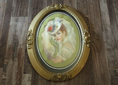 Vintage Oval Framed Fashionable Lady Portrait Painting In Convex Glass - Picture 1 of 7