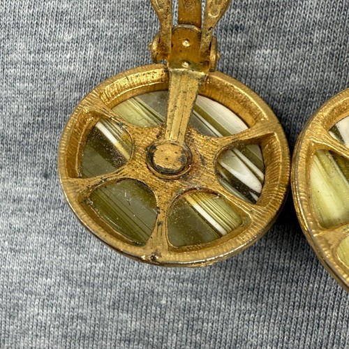 Vintage Gold-Tone Clip-On Earrings with Yellow White Marbled Glass Dome Accents - Picture 17 of 24
