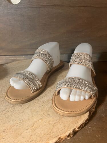 A New Day Womens Tan Slip On Embellished Slide Sandals 9 Bling Rhinestones