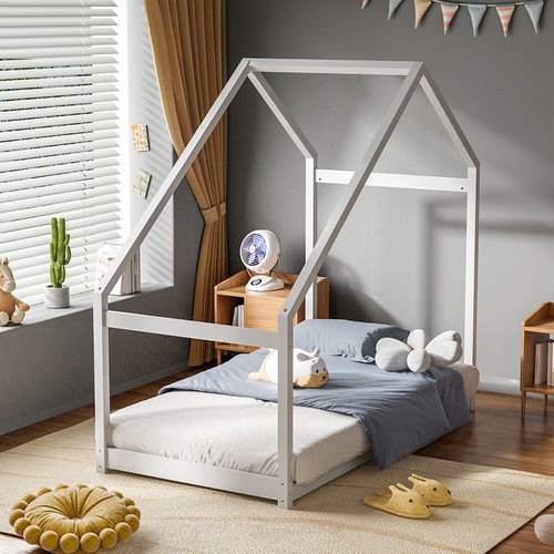 Kids Single House Bed Frame Children Toddler Pine Wooden Bed Floor Style Bedroom - Picture 10 of 12