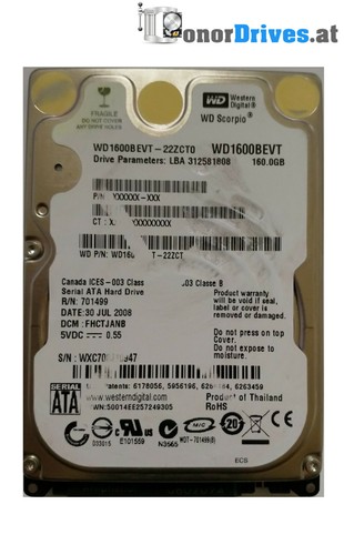 Western Digital WD1600BEVT-22ZCT0 - 160GB - SATA  - PCB 2060-701499-000 Rev. A*