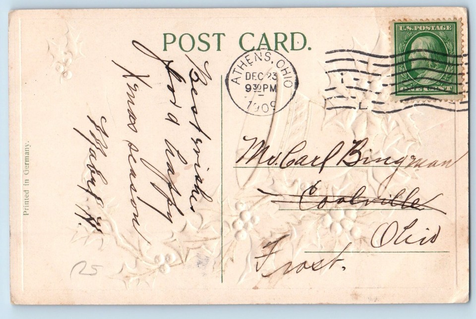 Christmas Postcard Greetings Bell And Holly Berries Embossed Athens