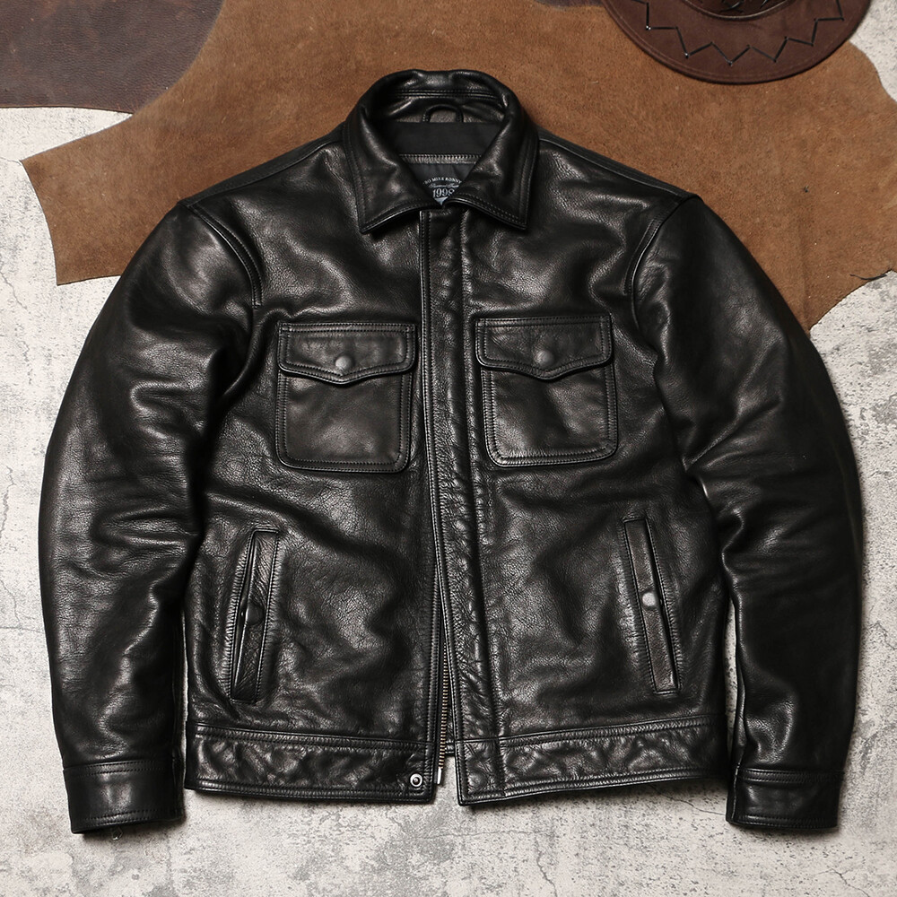 Retro Style Mens Real Leather Motorcycle Jackets Short Zipper