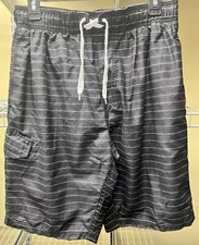 Kanu Surf Black w/ White Stripes Swim Trunks Cargo Pockets Men's Size Large New