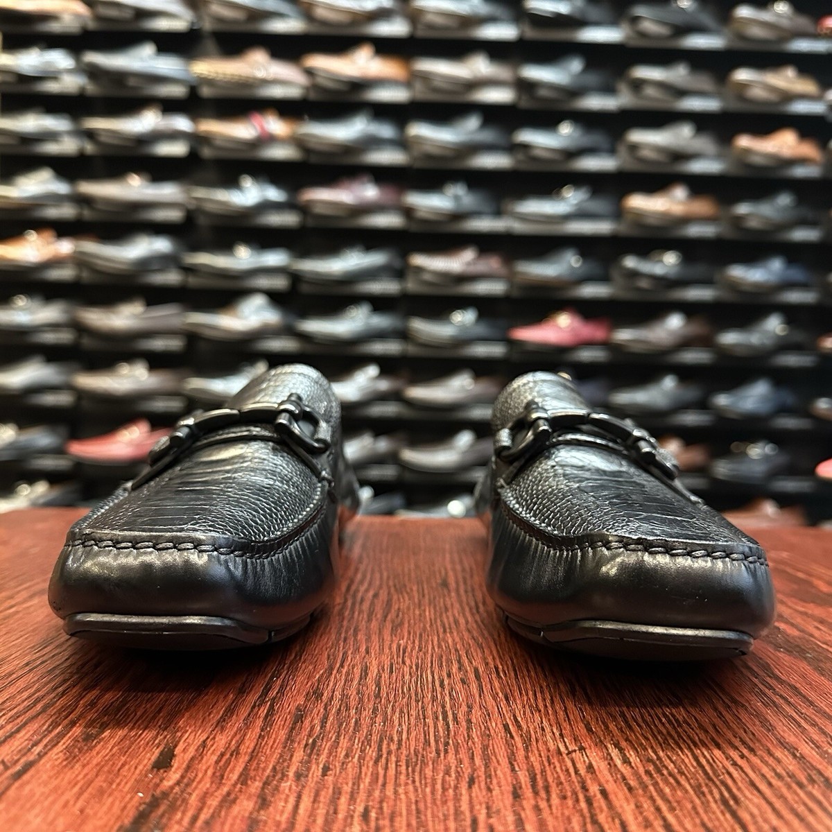 $2,400 Mens Black Ferragamo Ostrich Leather Loafers Sz 10.5 