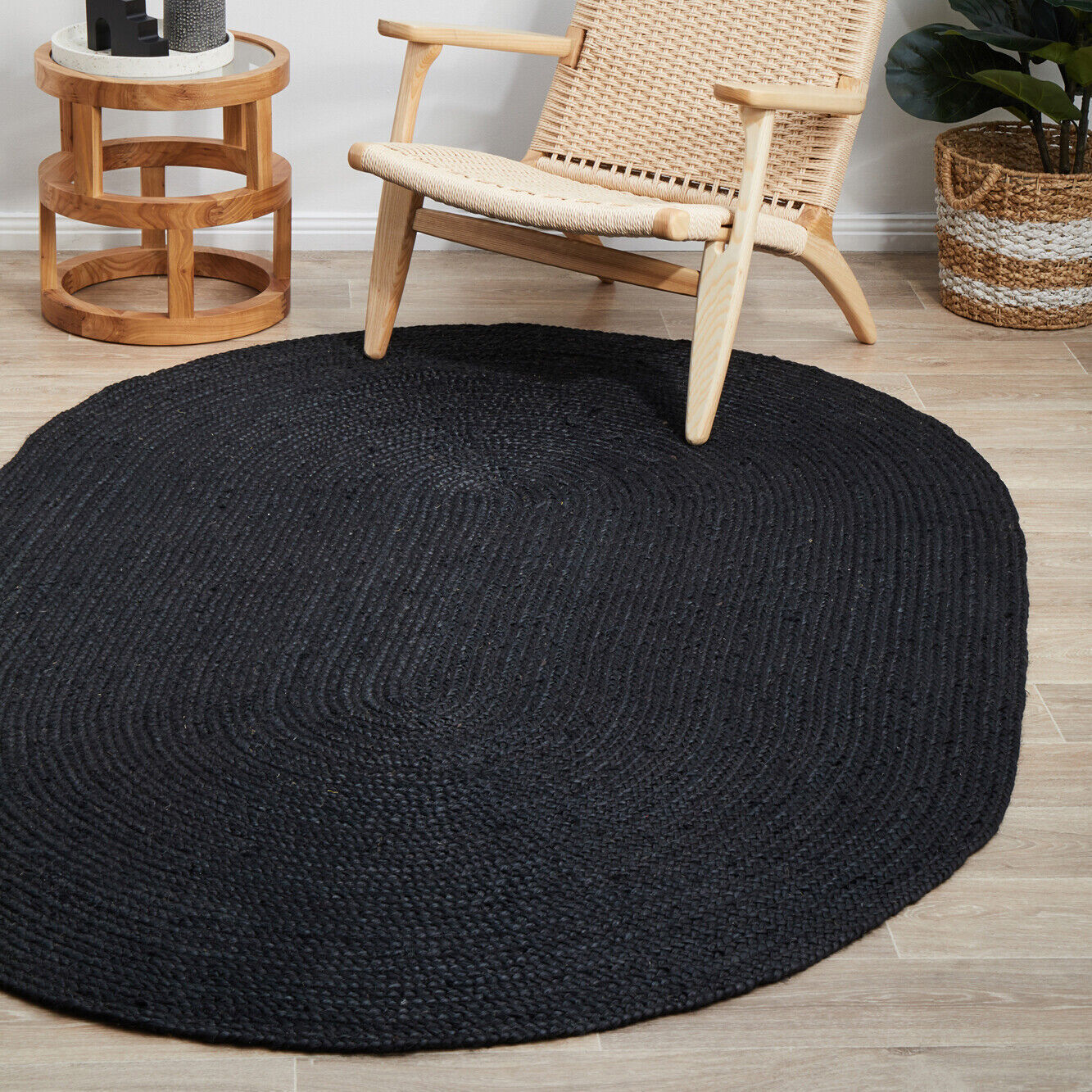 oval Rug 100% braided black jute modern rug living reversible rustic look rug - Picture 2 of 11
