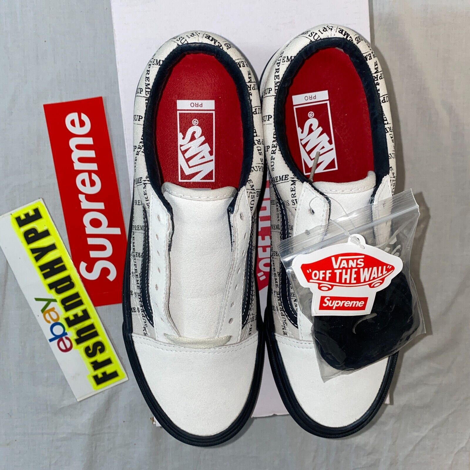 Vans Old Skool Pro x Supreme Size 8.5 Off White Supreme Logo Pattern Shoes  NEW