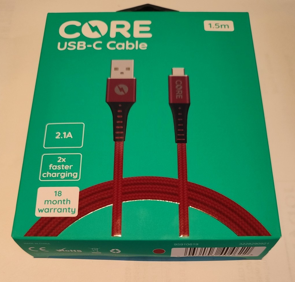 Core Double Braided Reinforced USB-C Cable 5V 2.1A Red 1.5m 480 Mbps BNIB Strong