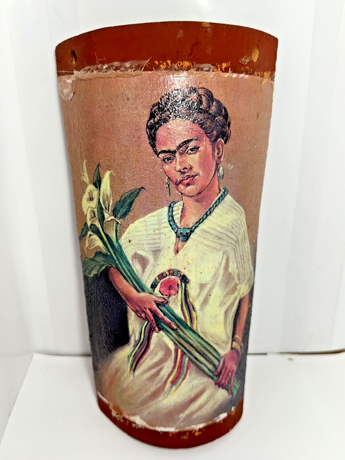 Frida Kahlo Holding Lillies Art on Clay Wall Sconce