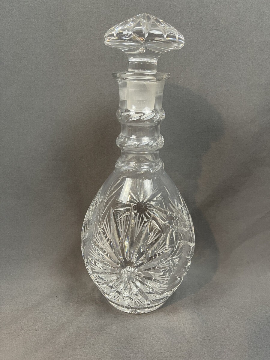 Vintage Crystal Cut Glass Decanter w/ Stopper Etched Star Burst
