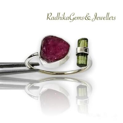 Pink-Green Rough Tourmaline Gemstone 925 Sterling Silver Ring Size Adjustable