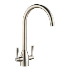 Kitchen Tap Monobloc Mixer Twin Lever Handle Solid Brass Brushed Steel Finish