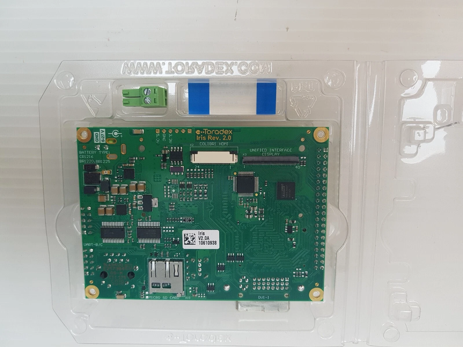 Underside of the Toradex Iris Rev. 2.0 carrier board in the tray, label Iris V2.0A