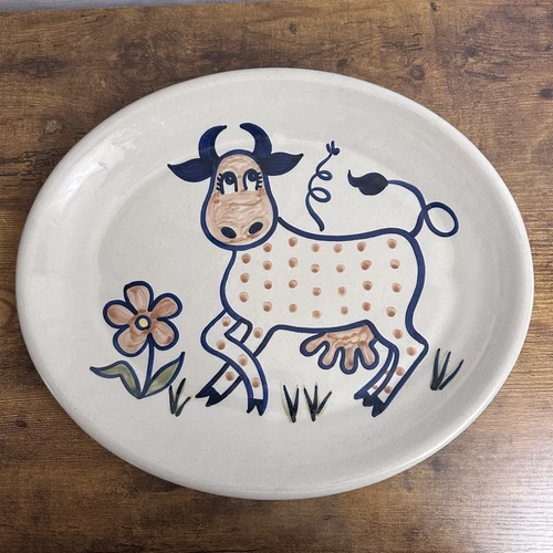 VTG Louisville Stoneware Oval Serving Dish Platter Polka Dot Cow Flower