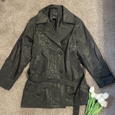 Fuda New York Faux Leather Vtg Women's M Tie-back Black Long Trench Coat.vintage