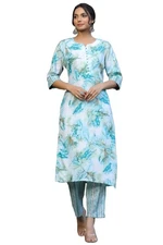 GoSriKi Women's Cotton Blend Straight Printed Kurta with Pant