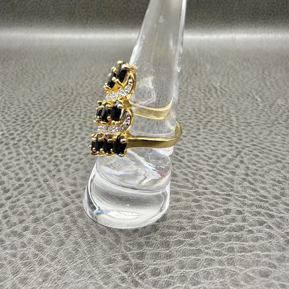 Anillo de cóctel enchapado en oro circonita cúbica topacio azul oscuro para mujer talla 6 joyería llamativa Foto 3 de 4