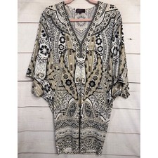Hale Bob Womens Paisley Geometric V-Neck Batwing Sleeve Tunic Dress Tan Black S