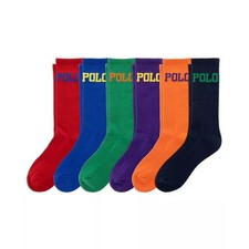 Polo Ralph Lauren Mens 6 Pack Crew Socks Multicolor Ribbed Athletic Logo Socks