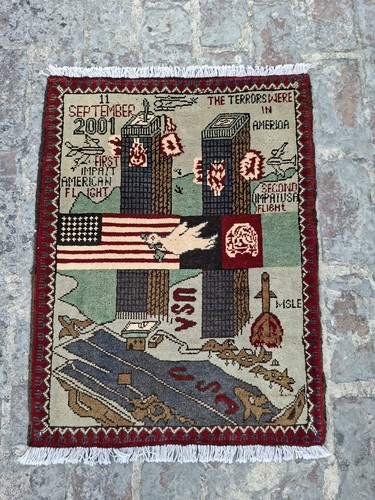 Sept. 11 Rug Vintage Afghan War Rug 9/11 - Handmade Wool Pictorial Tribal Art Rug 86 ...