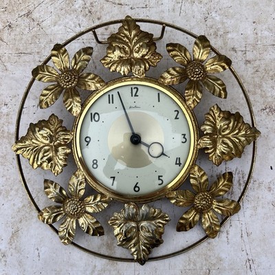 Vintage Retro Mid Century Bentima vergoldet Messing Floral Starburst Wanduhr funktioniert