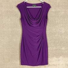 Lauren Ralph Lauren Dress Womens 8 Purple Cowl Neck Ruched Sheath Stretch Jersey